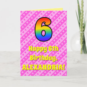 6th Birthday: Pink Stripes & Hearts, Rainbow # 6 Card