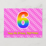 [ Thumbnail: 6th Birthday: Pink Stripes & Hearts, Rainbow 6 Postcard ]