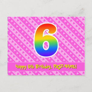 6th Birthday: Pink Stripes & Hearts, Rainbow 6 Postcard