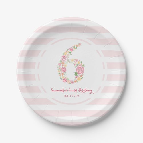 6th Birthday Pink Stripes  Watercolor Floral Six Paper Plates