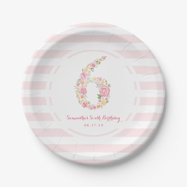 6th Birthday Pink Stripes & Watercolor Floral Six Paper Plates (Front)