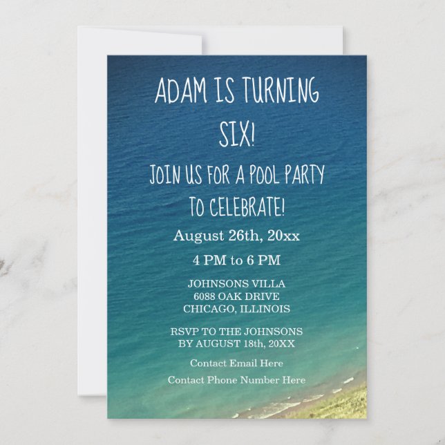 6th Birthday Pool Party Blue Water Seashore Beach Invitation (Front)