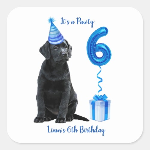 6th Birthday Puppy Theme_ Cute Dog Blue Boy Pawty Square Sticker