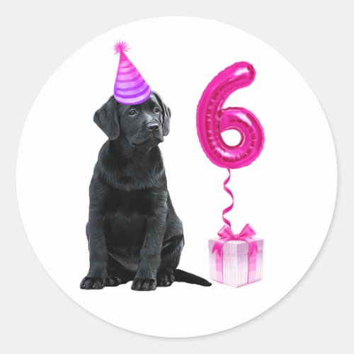 6th Birthday Puppy Theme_ Cute Dog Pink Girl Pawty Classic Round Sticker