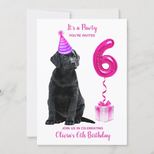 6th Birthday Puppy Theme_ Cute Dog Pink Girl Pawty Invitation