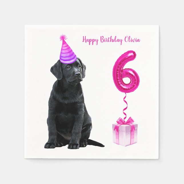 6th Birthday Puppy Theme- Cute Dog Pink Girl Pawty Napkins (Front)