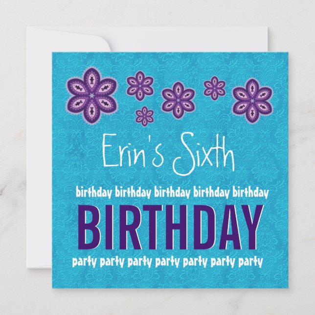 6th Birthday Purple Flowers and Stars Custom Name Invitation (Front)