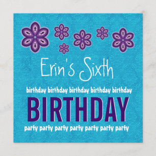 6th Birthday Purple Flowers and Stars Custom Name Invitation
