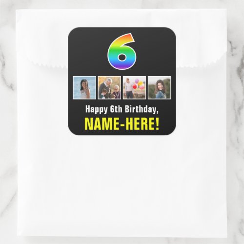 6th Birthday Rainbow âœ6â Custom Photos  Name Square Sticker