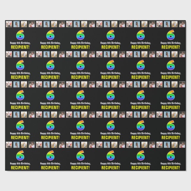 6th Birthday: Rainbow “6“; Custom Photos & Name Wrapping Paper (Seam)