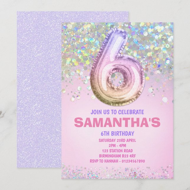 6th Birthday, Rainbow Glitter Birthday Invitation (Front/Back)