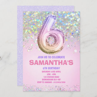 6th Birthday, Rainbow Glitter Birthday Invitation