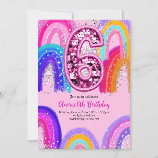 6th Birthday Rainbow Pink Party Invitation (Front)