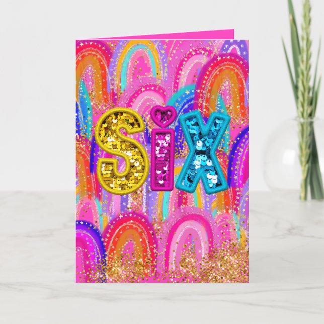 6th Birthday Rainbow Sequin Letterpress Thank You Card (Front)