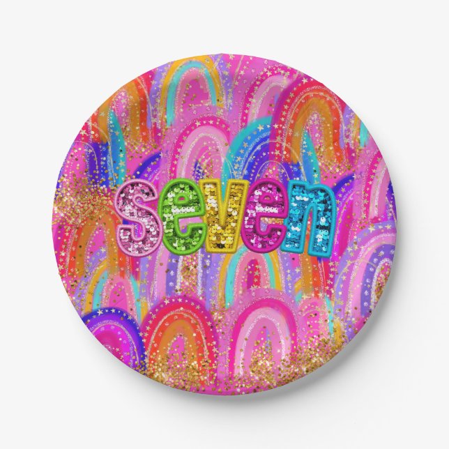 6th Birthday Rainbow Sequin Paper Plates (Front)