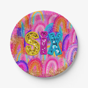 6th Birthday Rainbow Sequin Paper Plates