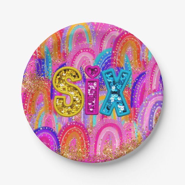 6th Birthday Rainbow Sequin Paper Plates (Front)
