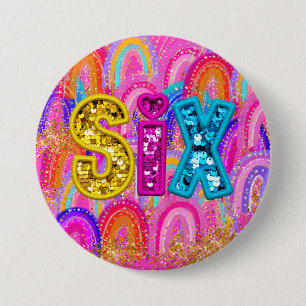 6th Birthday Rainbow Sequin Pink Button