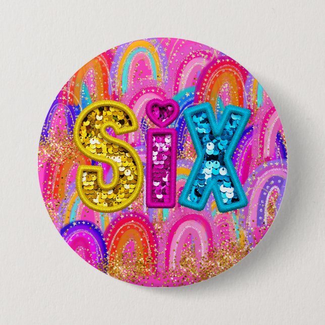 6th Birthday Rainbow Sequin Pink Button (Front)