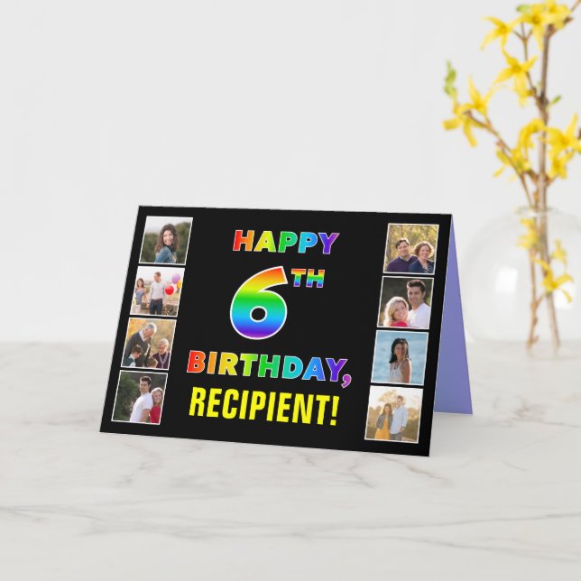 6th Birthday: Rainbow Text, Custom Photos & Name Card (Yellow Flower)