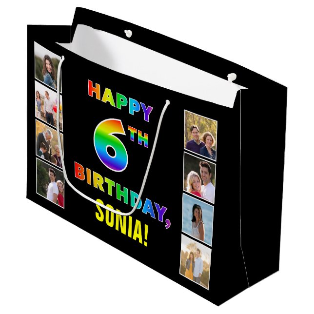 6th Birthday: Rainbow Text, Custom Photos & Name Large Gift Bag (Front Angled)