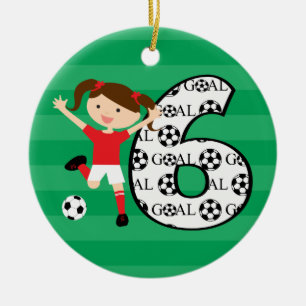 6th Birthday Red and White Soccer Girl 1 Ceramic Ornament