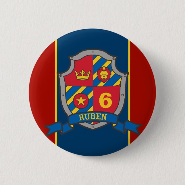 6th Birthday red blue knights shield age pin (Front)