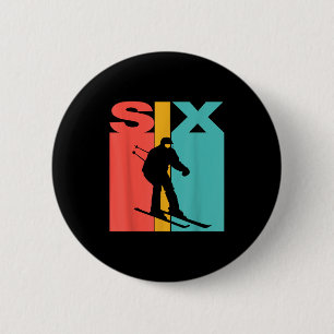 6th Birthday Retro Skiing 6 Year Old Boys Birthday Button