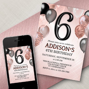 6th Birthday Rose Gold Balloons Invitation