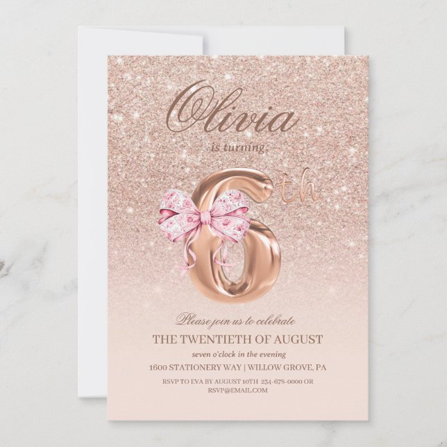 6th Birthday Rose Pink Gold  Bow Birthday Party  Invitation (Front)