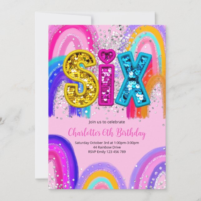 6th Birthday Sequin Rainbow Party Invitation (Front)