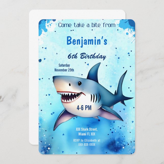 6th Birthday Shark Invitation (Front/Back)
