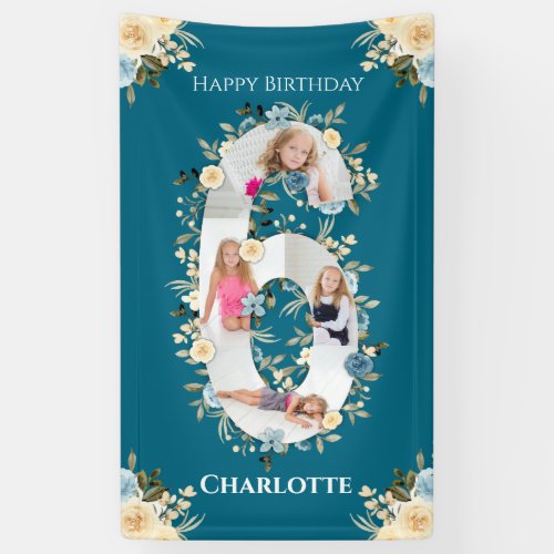 6th Birthday Teal Flower Photo Collage Blue Yellow Banner