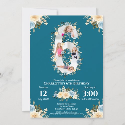 6th Birthday Teal Flower Photo Collage Blue Yellow Invitation