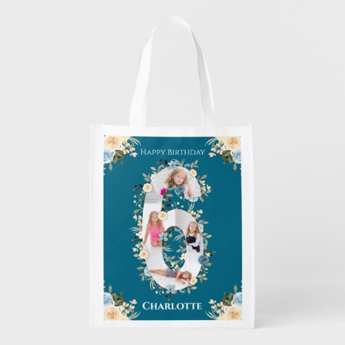 6th Birthday Teal Photo Collage Blue Yellow Flower Grocery Bag
