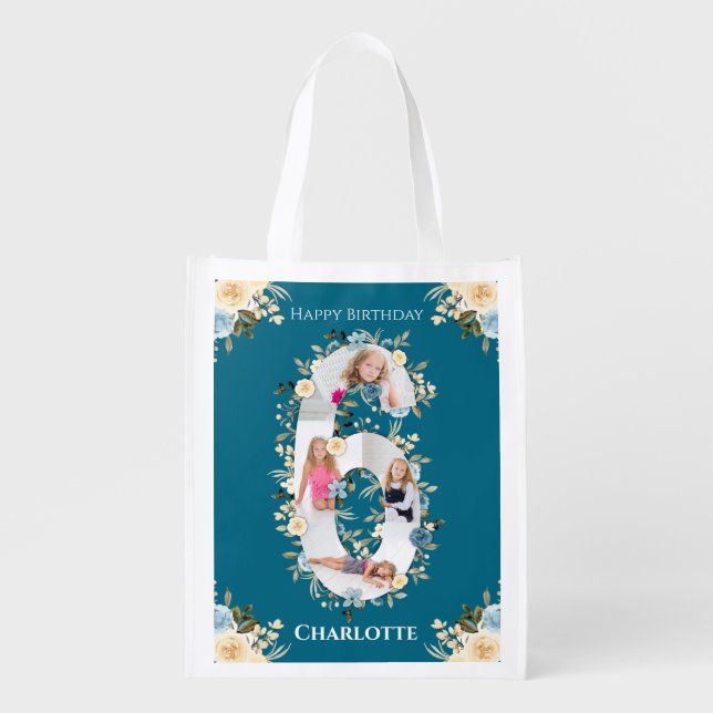 6th Birthday Teal Photo Collage Blue Yellow Flower Grocery Bag (Front)