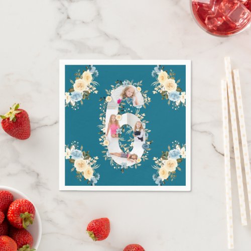 6th Birthday Teal Photo Collage Blue Yellow Flower Napkins