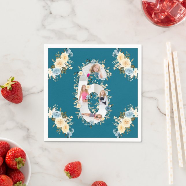 6th Birthday Teal Photo Collage Blue Yellow Flower Napkins (Insitu)
