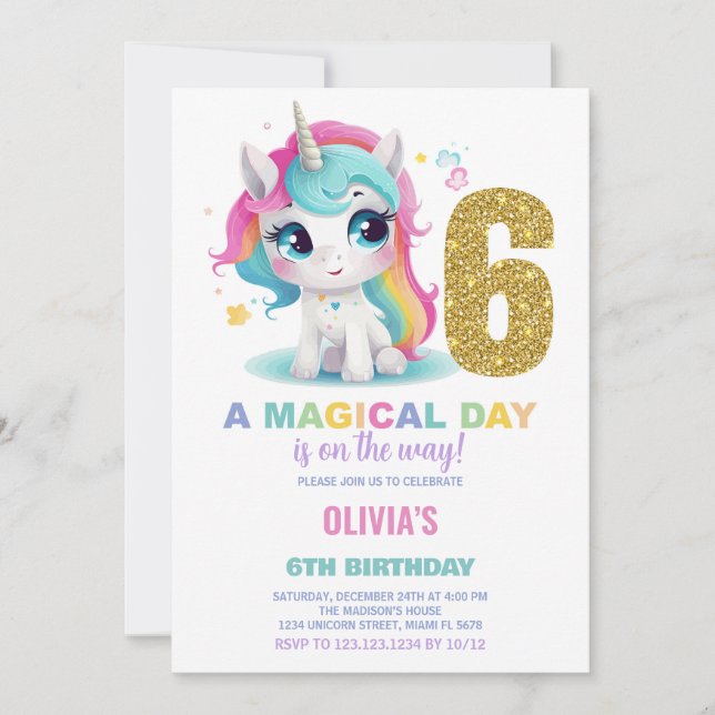 6th Birthday Unicorn Birthday Invitations (Front)