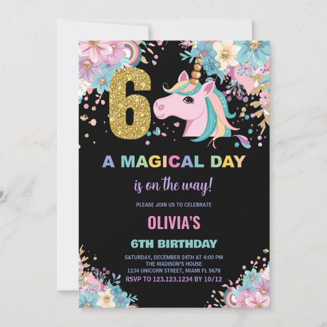 6th Birthday Unicorn Birthday Invitations (Front)