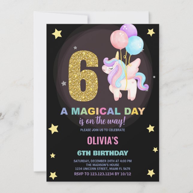 6th Birthday Unicorn Birthday Invitations (Front)