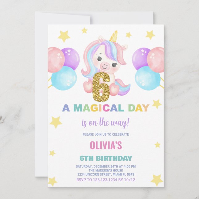 6th Birthday Unicorn Birthday Invitations (Front)