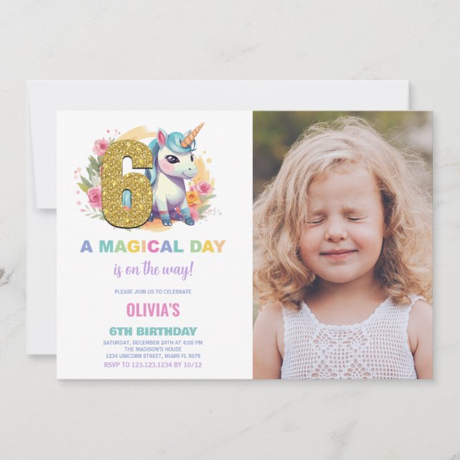 6th Birthday Unicorn Birthday Invitations photo (Front)