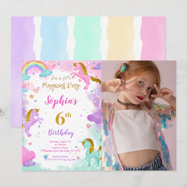 6th Birthday Unicorn Photo Invitation (Front/Back)