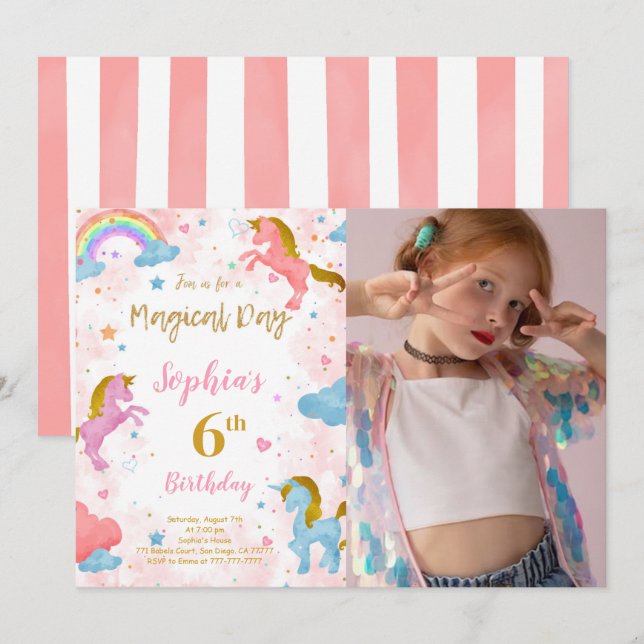 6th Birthday Unicorn Photo Invitation (Front/Back)