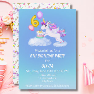 6th Birthday Unicorn With Cake Invitation