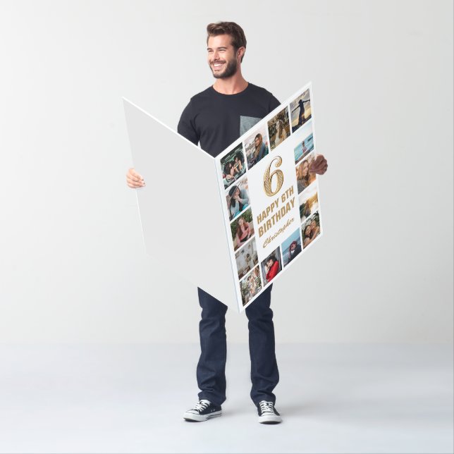 6th Birthday White Gold Photo Collage Extra Large Card (In Situ)