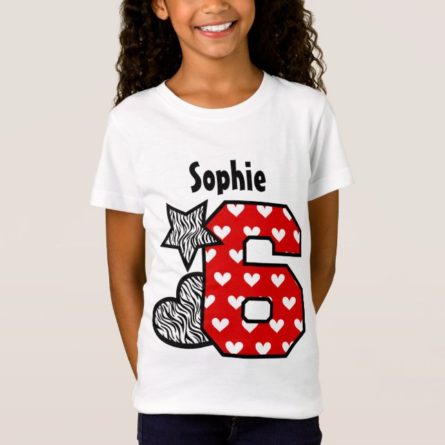 6th Birthday Zebra Red Hearts Six Year Old 10EN T-Shirt (Front)