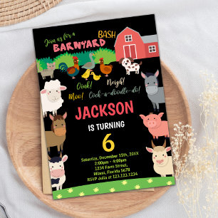 6th Black Farm Animals Birthday Invitations