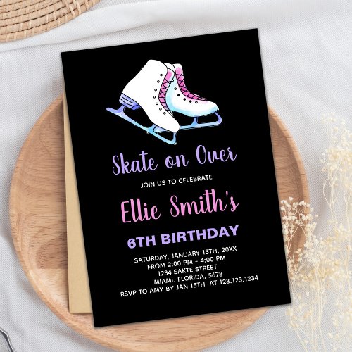 6th Black Purple Ice Skating Birthday Invitations